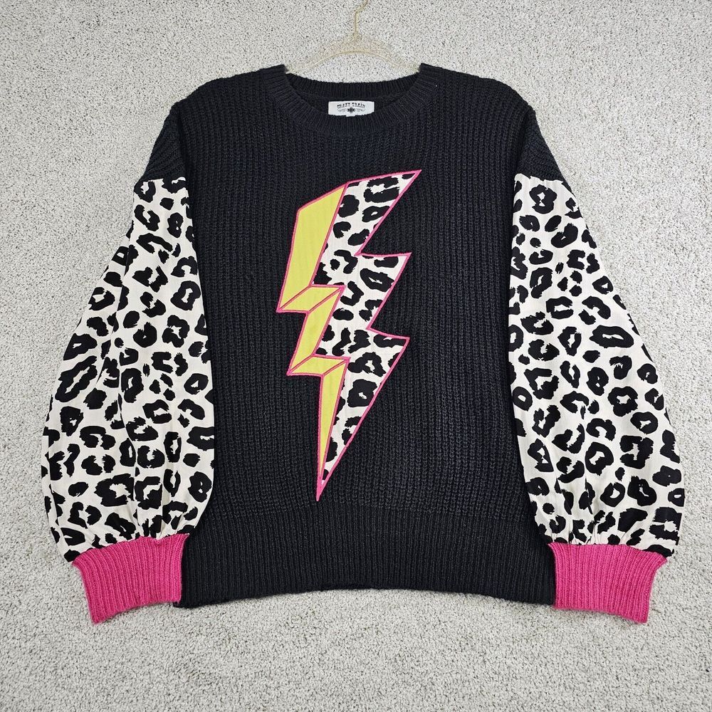 Crazy Train Lightening Bolt Sweater Size S Pink Leopard Cheetah Print 80s 90s